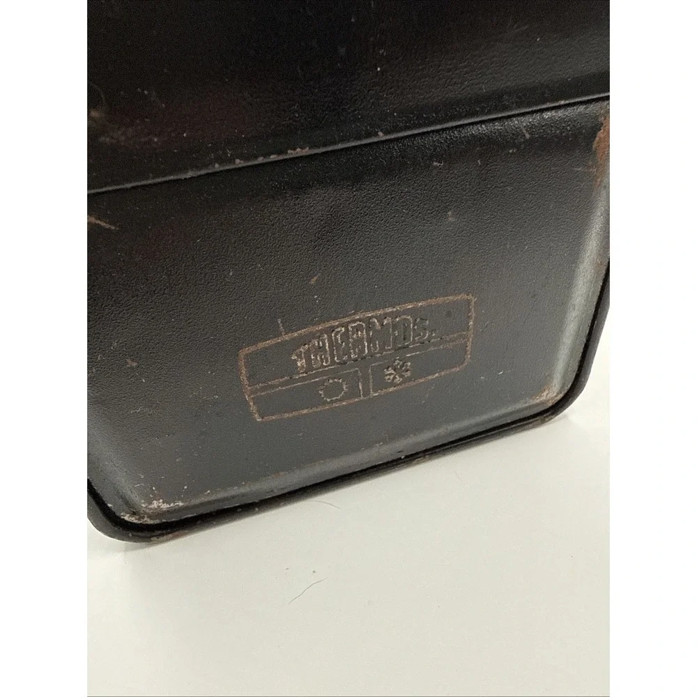 Vtg MCM Thermos black metal dome lunch box handle Industrial V Victory 60s Retro